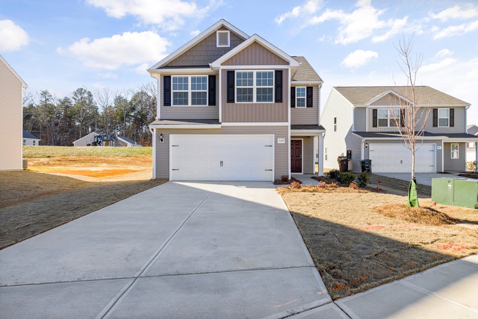 Contemporary suburban house with a wide driveway and landscaped front yard.